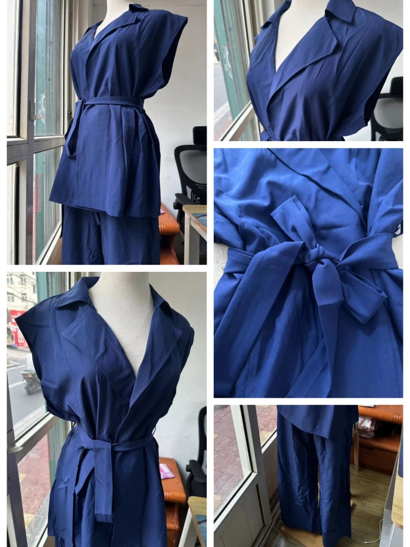 2024 Women'S Pant Set Fashion Casual Sleeveless Loose Lace-Up Cardigan Top Elegant Vintage High Waist Wide Leg Trousers 2-Piece