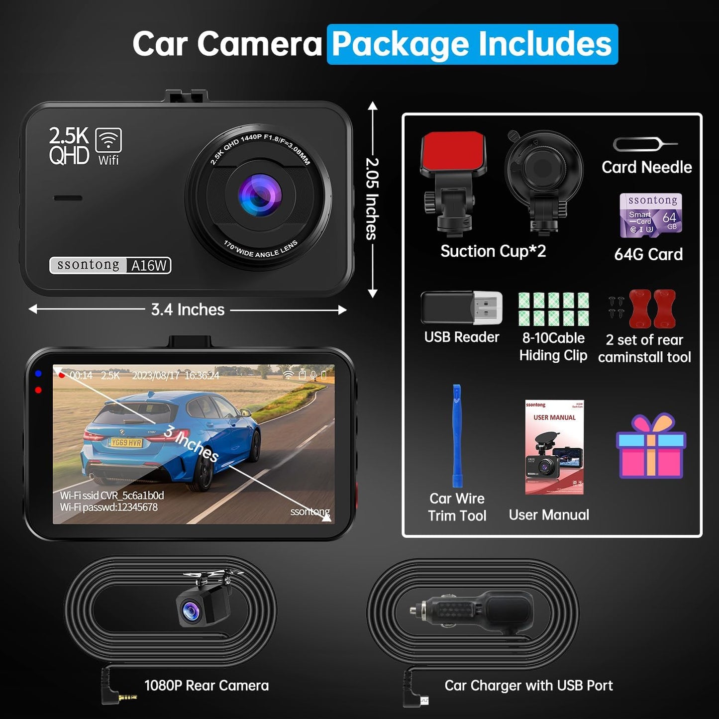 Dash Cam Front and Rear, Dash Camera for Cars Wifi/App Control Dual Dashcam W/ 64GB Card, 2.5K Dash Cam Front+1080P Rear Car Camera W/Super Night Vision, Loop Recording, G-Sensor, Max Support 256GB