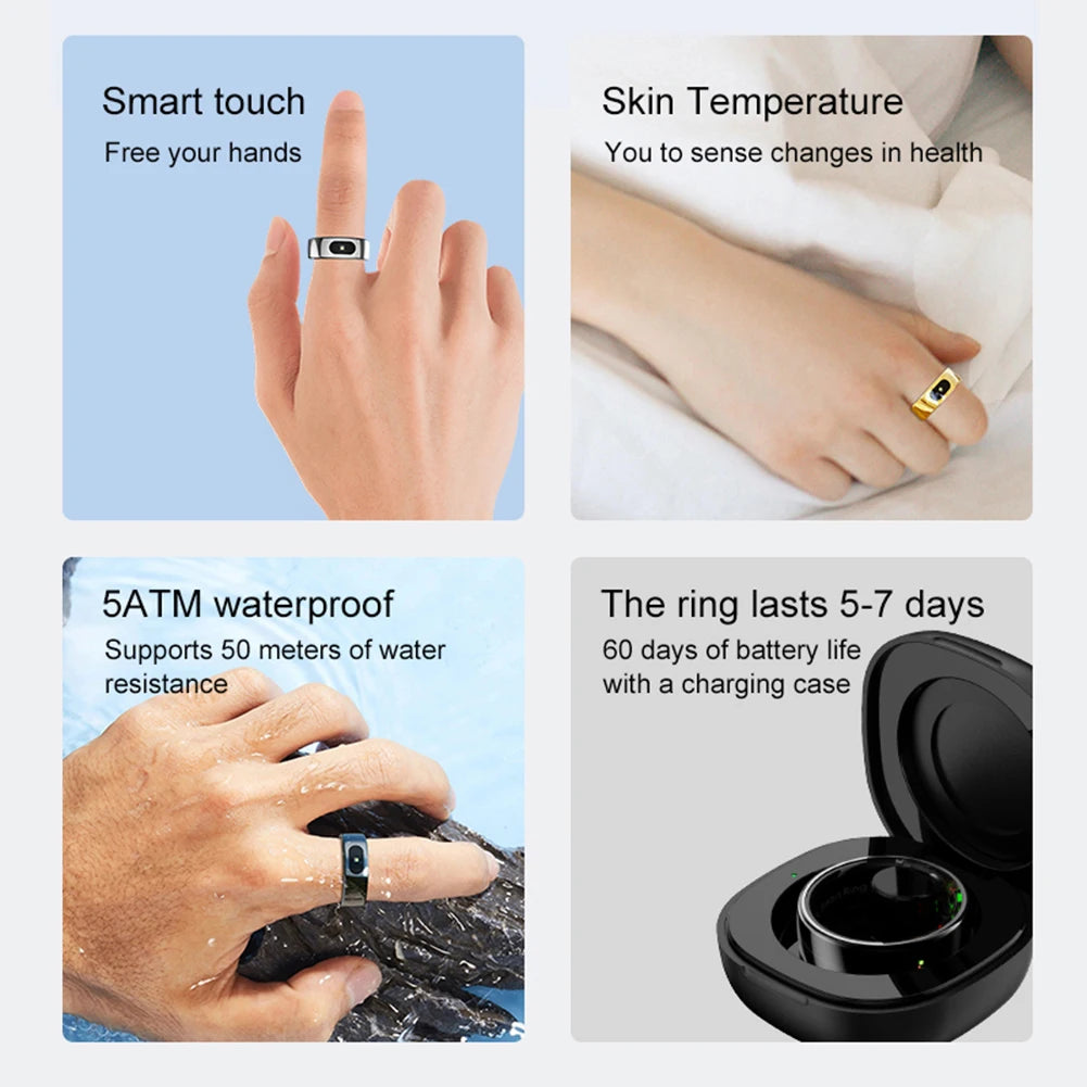 Smart Ring R08 Womens Men Electronic Smartring 5ATM Waterproof Blood Oxygen Pressure Health Monitor with Charging Case for Phone