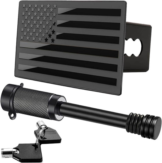 American Flag Trailer Hitch Cover for 2 Inch Receivers（With 5/8-Inch Pin Diameter Trailer Hitch Lock ） (Black)