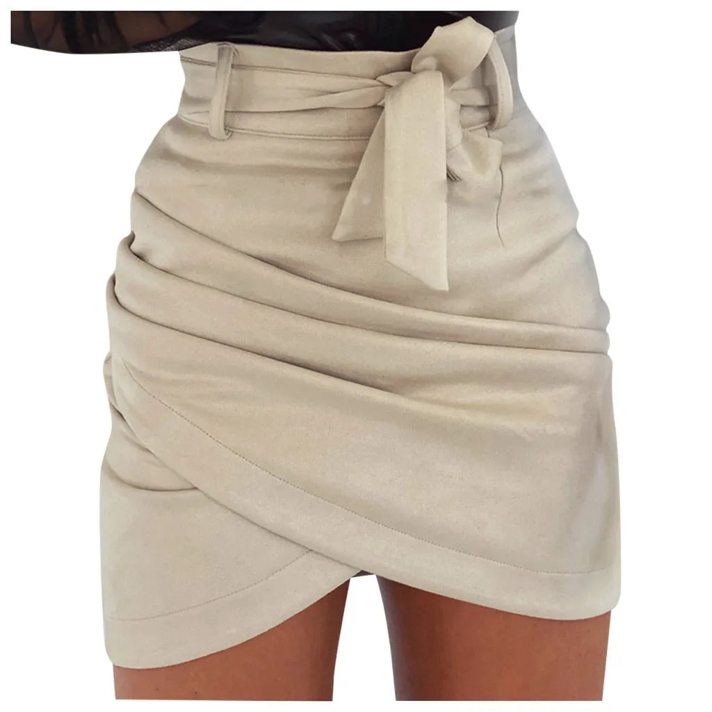 Wrap Hip Skirts for Women Female Fashion Mid Waist Solid Mini Pencil Ruched Skirt Slim Fit Sexy Bow Knot Short Skirts with Belt