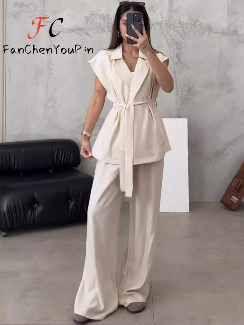 2024 Women'S Pant Set Fashion Casual Sleeveless Loose Lace-Up Cardigan Top Elegant Vintage High Waist Wide Leg Trousers 2-Piece