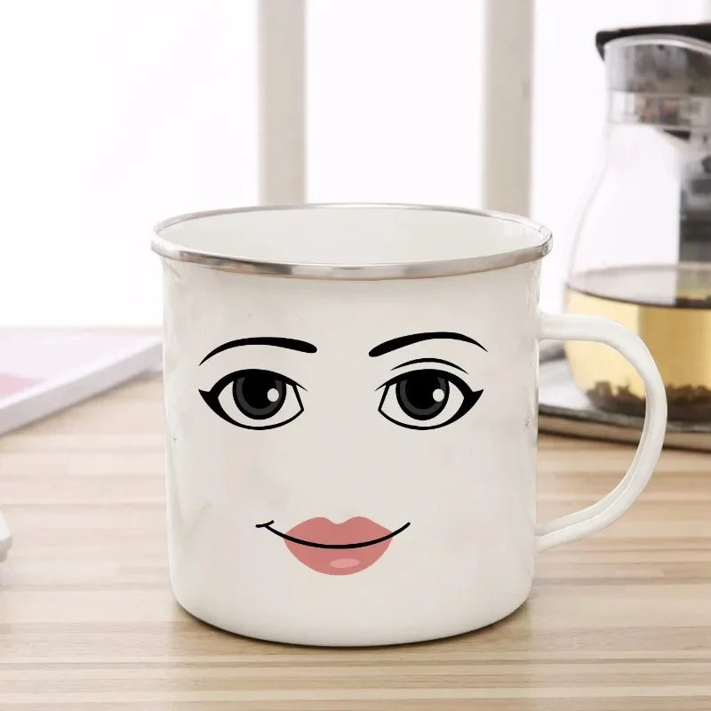 Creative Game Inspired Woman Face Enamel Mug Funny Man Enamel Coffee Mugs Cute Gamer Birthday Gift Back to School Decorate Cup