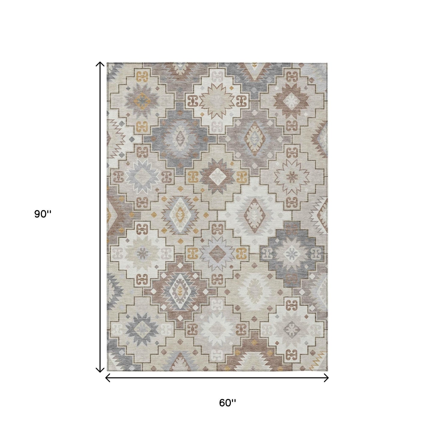 5' X 8' Ivory Gold And Gray Southwestern Washable Indoor Outdoor Area Rug-2