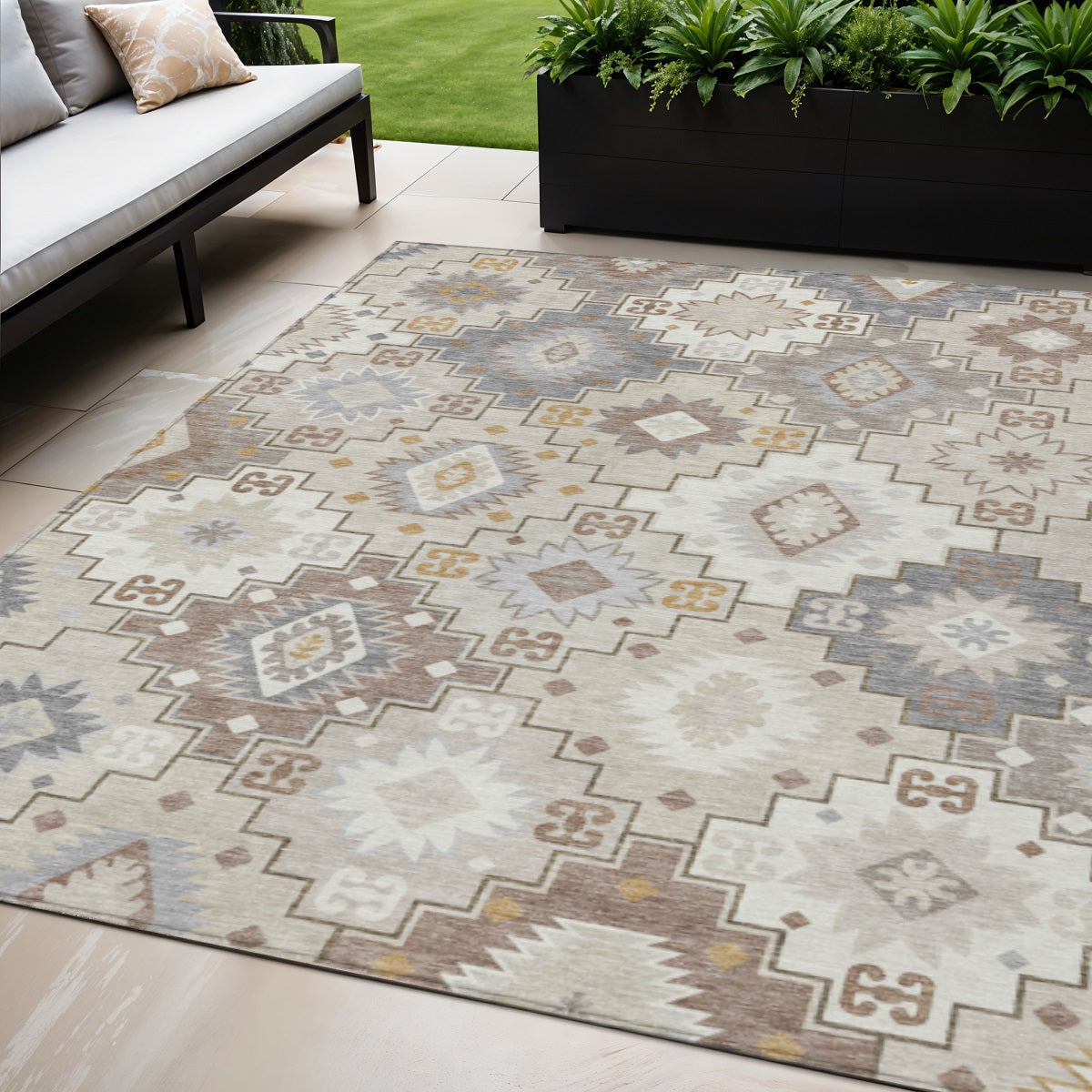 5' X 8' Ivory Gold And Gray Southwestern Washable Indoor Outdoor Area Rug-0