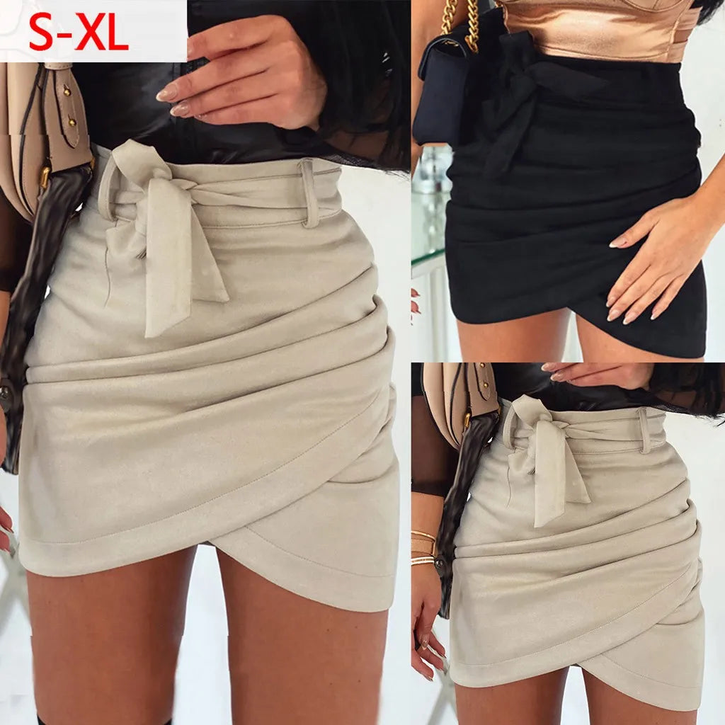 Wrap Hip Skirts for Women Female Fashion Mid Waist Solid Mini Pencil Ruched Skirt Slim Fit Sexy Bow Knot Short Skirts with Belt