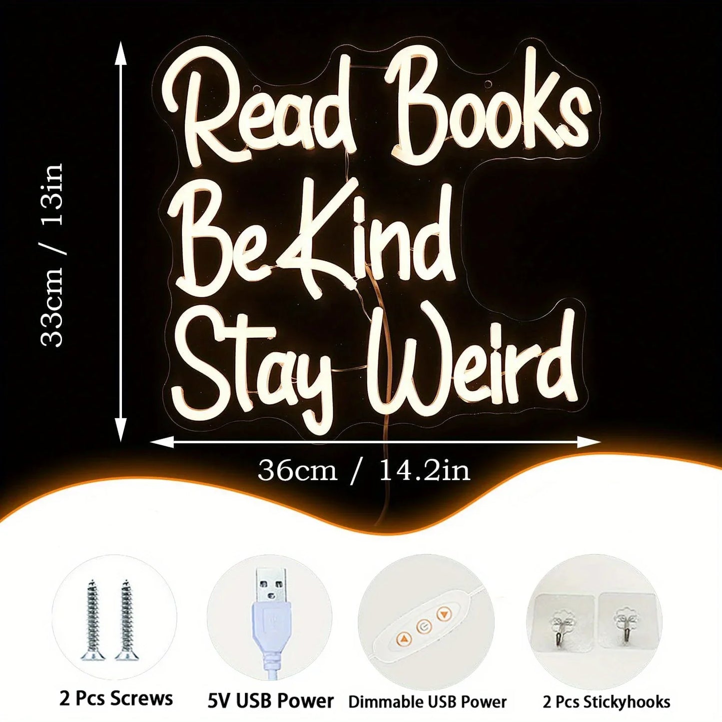 Read Books Be Kind Stay Weird Neon Sign LED Neon Sign Dimmable USB Power Supplied for Bedroom Teacher Library Birthday Gifts
