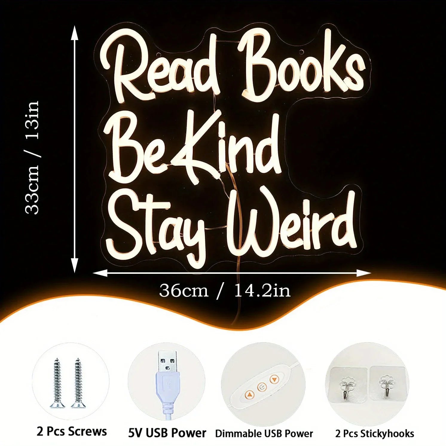 Read Books Be Kind Stay Weird Neon Sign LED Neon Sign Dimmable USB Power Supplied for Bedroom Teacher Library Birthday Gifts