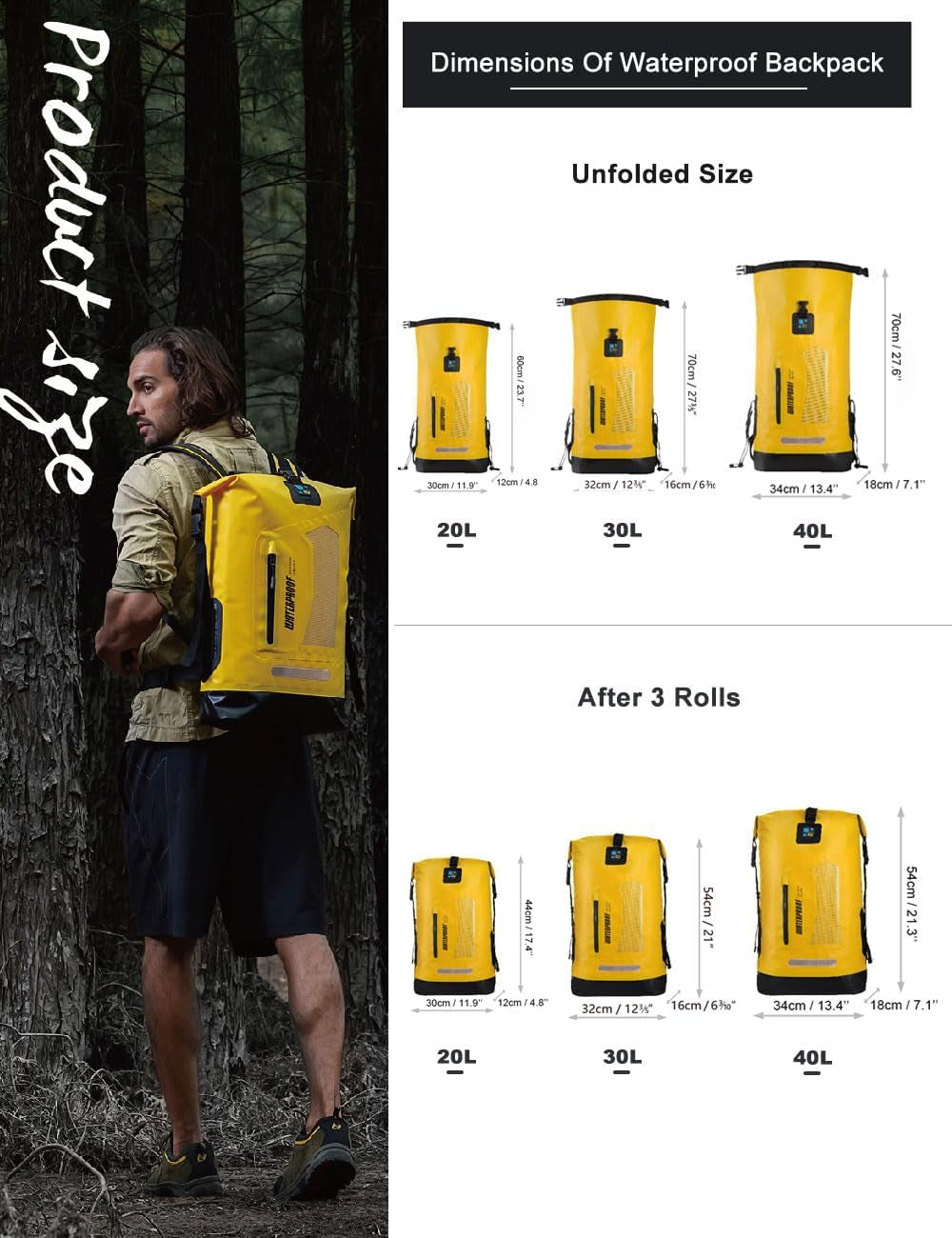 Waterproof Backpack for Men 20L/30L/40L, Floating Dry Bag Kayak, Dry Backpack Hiking