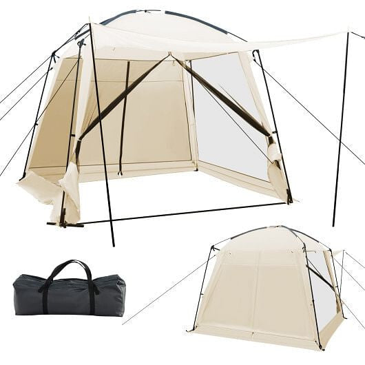 10 x 10 Feet Screened Canopy Tent w/ Vestibule and Zippered Door-Beige-2