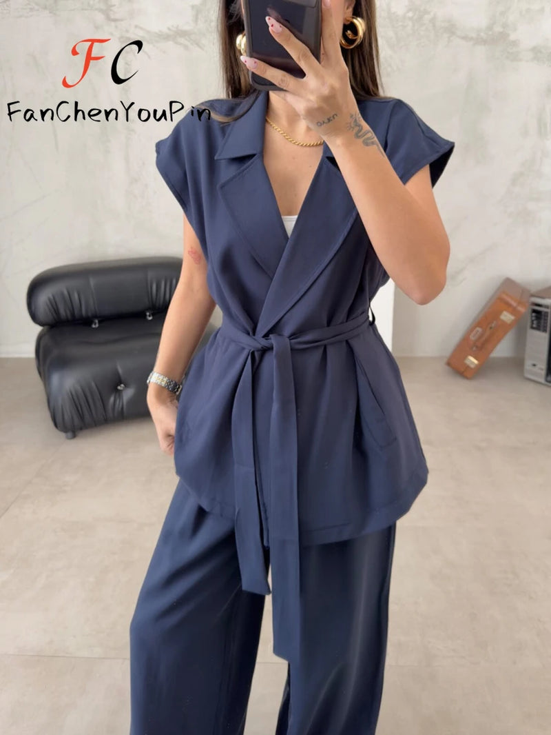 2024 Women'S Pant Set Fashion Casual Sleeveless Loose Lace-Up Cardigan Top Elegant Vintage High Waist Wide Leg Trousers 2-Piece