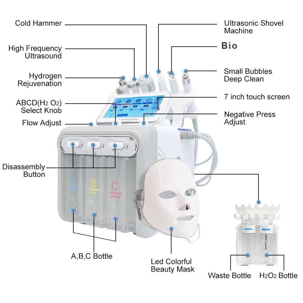 6/7 In1 H2-O2 Hydro Dermabrasion Microdermabrasion Bio-Lifting Spa Facial Ance Pore Cleaner Facial Bubble Machine