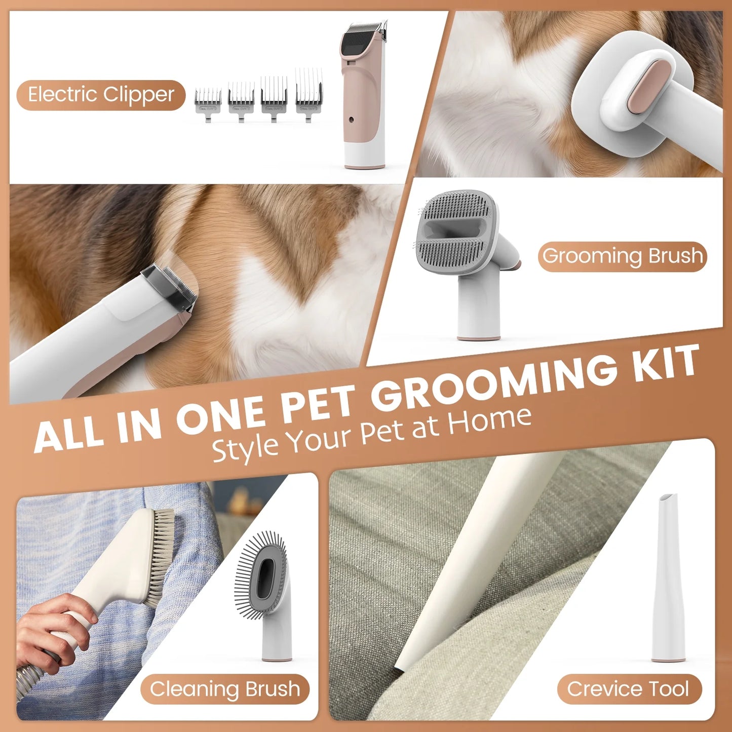 Dog Grooming Kit, 5 Grooming Tools, Pet Grooming Vacuum, Dog Clippers Kit, Low Noise, PG50