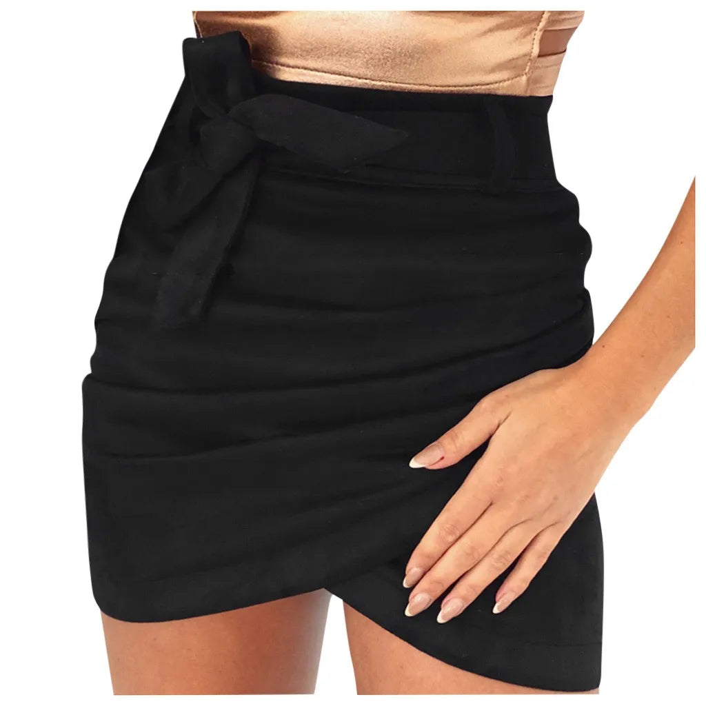 Wrap Hip Skirts for Women Female Fashion Mid Waist Solid Mini Pencil Ruched Skirt Slim Fit Sexy Bow Knot Short Skirts with Belt