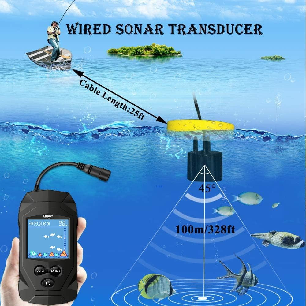 Portable Fish Finders Wired Transducer Kayak Fish Finder Kit Portable Depth Finder LCD Display for Kayak Boat Ice Fishing